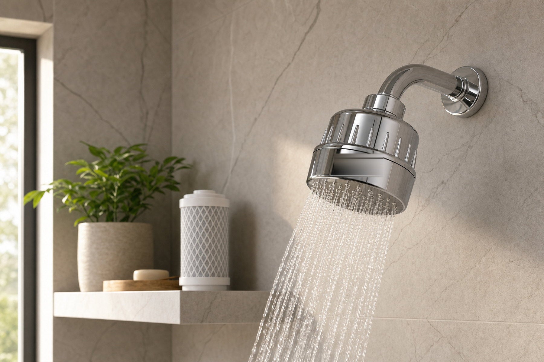 BAUME shower filter fitted in a marble bathroom, water running