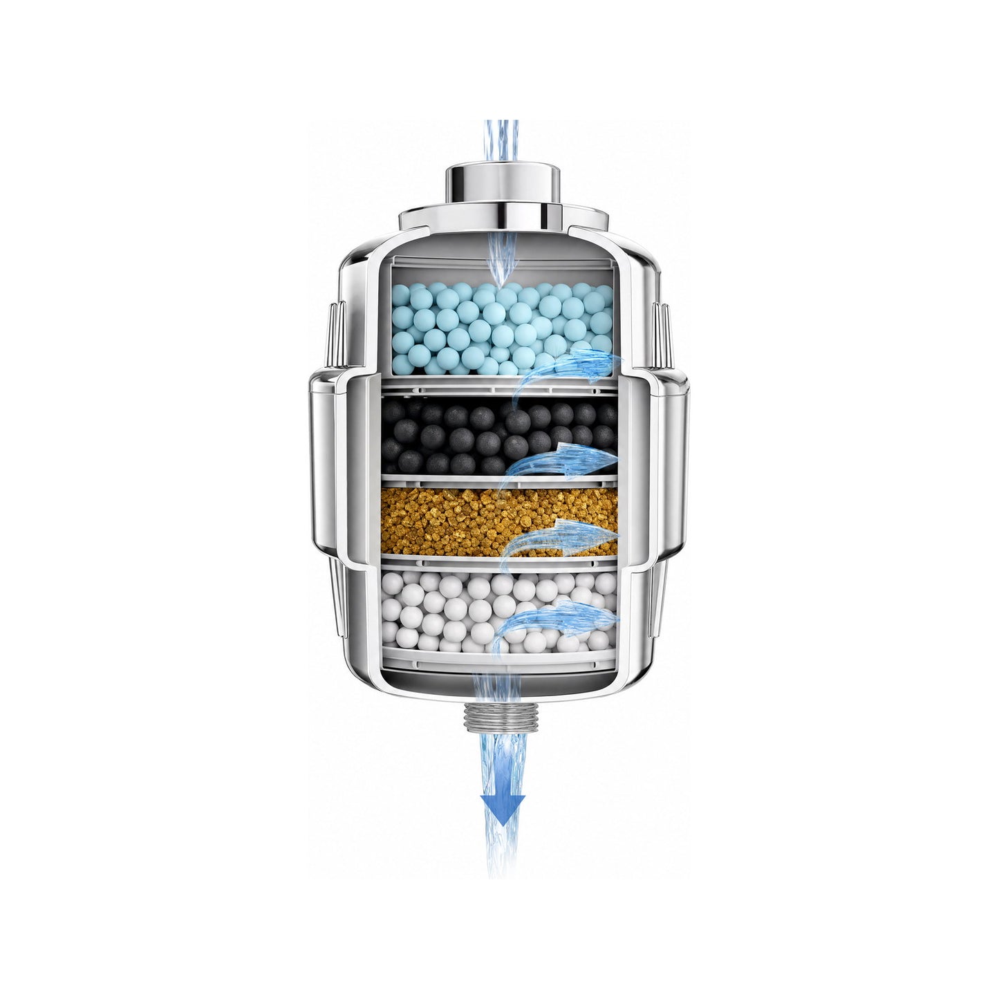 Cut-away of the filter cartridge showing its multi-stage media layers