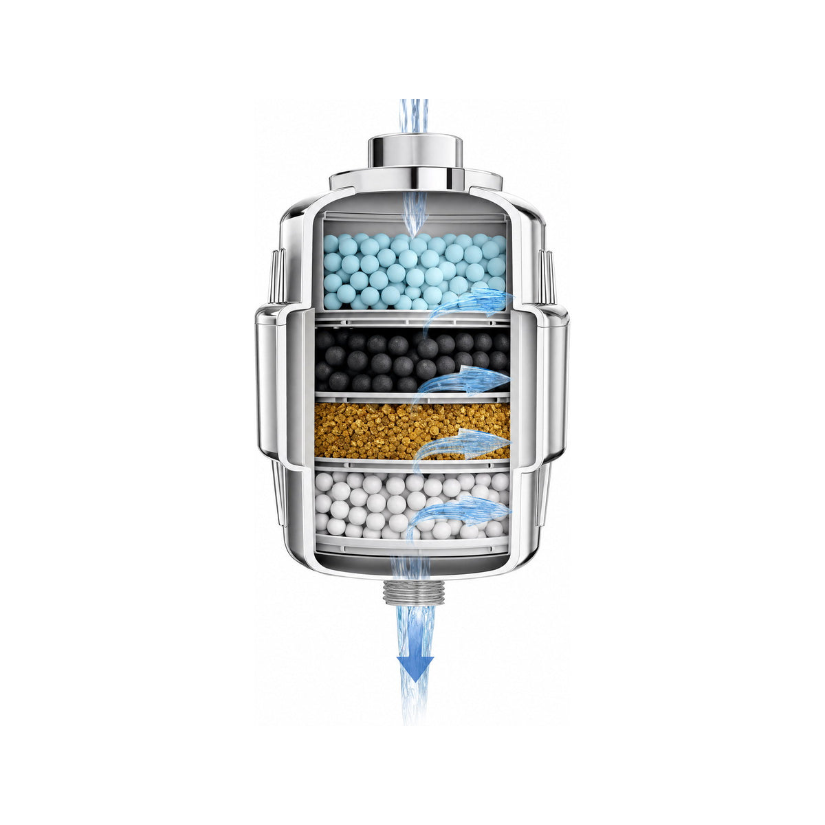 Cut-away of the filter cartridge showing its multi-stage media layers